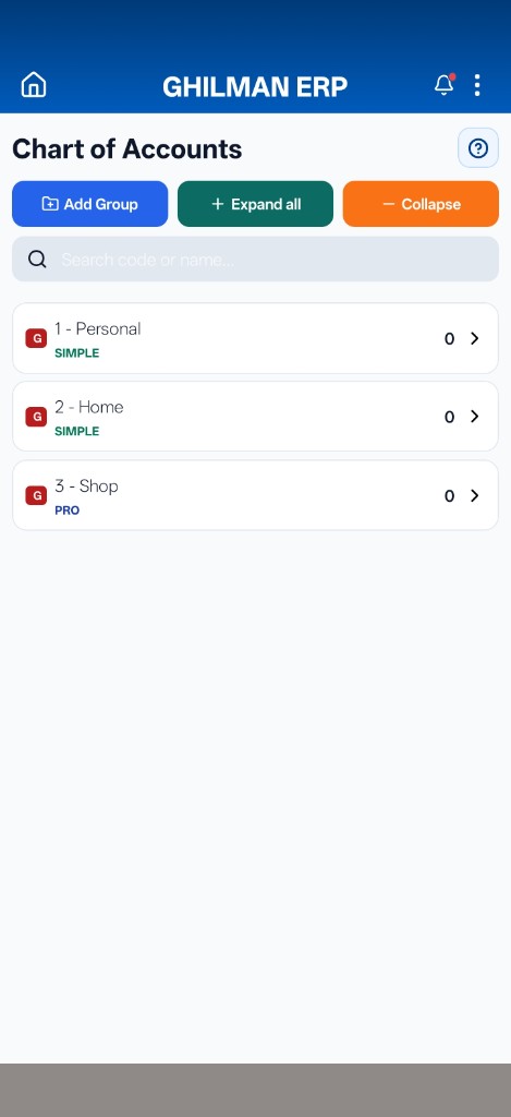Chart of Accounts groups